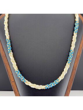Vintage Triple Strand Mother Of Pearl Necklace Blue Gold Tone Beaded